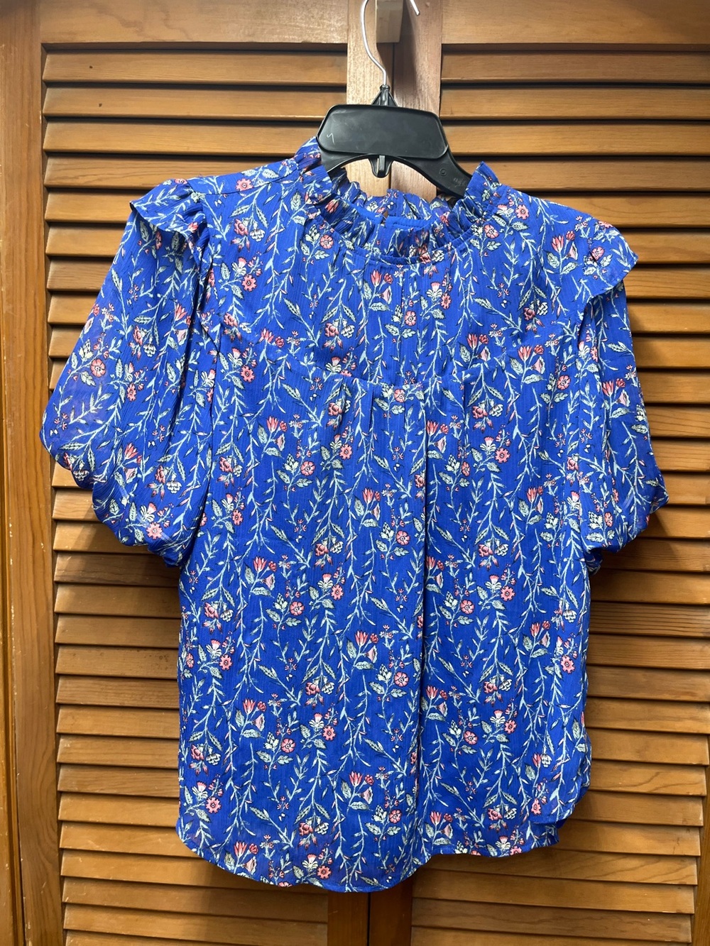 LOFT Royal Blue Floral Mock Neck Ruffle Shoulder Puff Sleeve Blouse